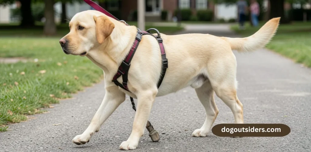 Adolescent yellow Labrador practicing leash walking with front-clip harness