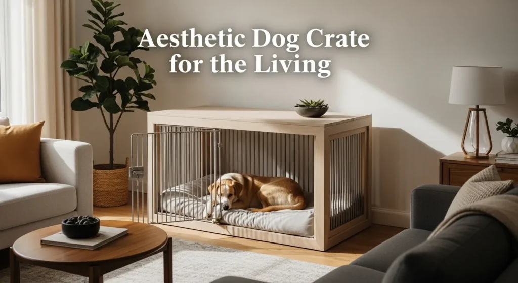 Aesthetic dog crate for the living room blending with modern home decor and providing a comfortable resting space for pets