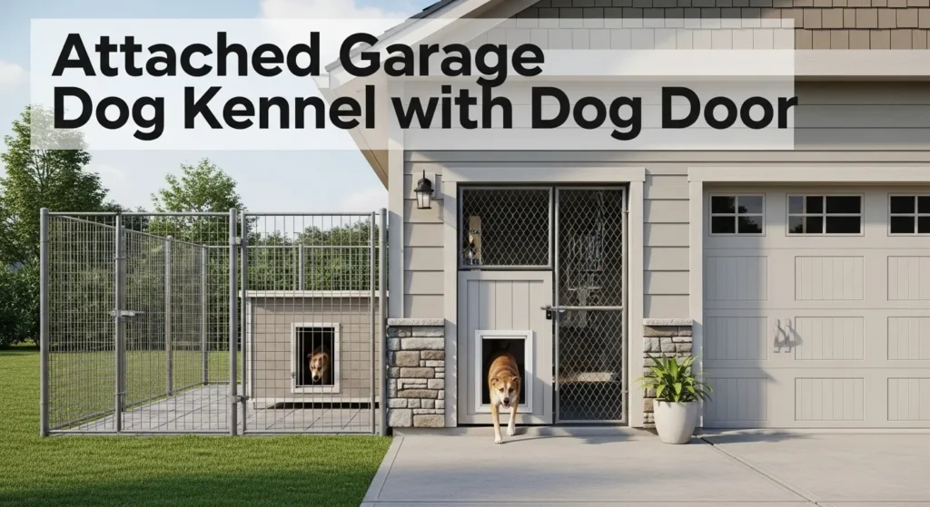 Attached garage dog kennel with dog door providing secure indoor and outdoor access for a pet dog