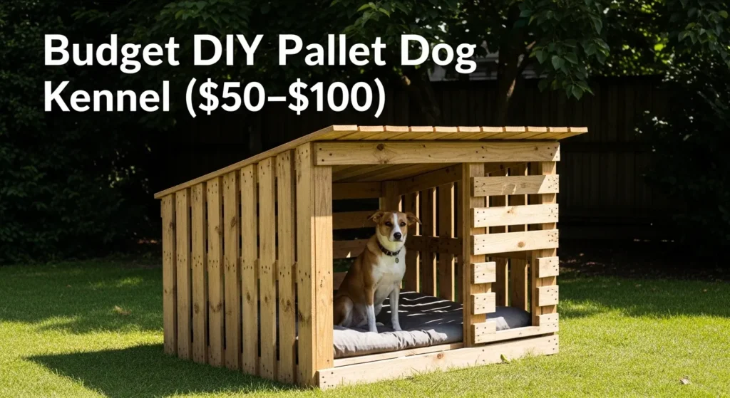 Budget DIY pallet dog kennel made from recycled wooden pallets in a backyard outdoor shelter setup