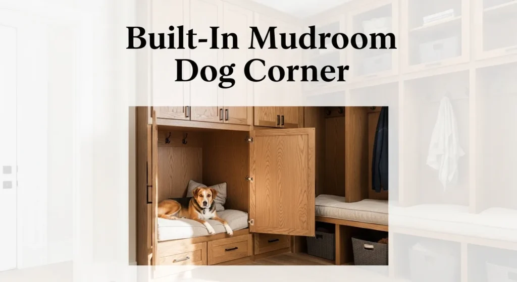Built-in mudroom dog corner with cozy bedding integrated into home storage space for pets