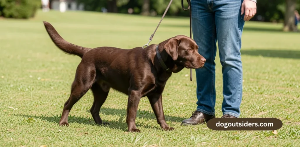 Chocolate Labrador practicing heel command on leash beside owner