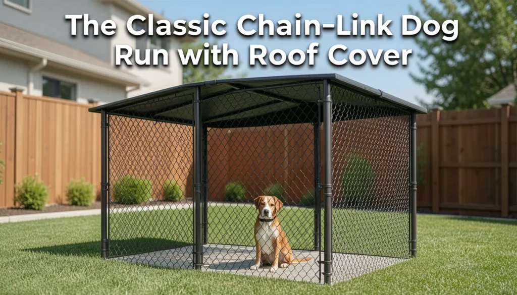 Classic chain-link dog run with roof cover installed in a backyard providing safe outdoor shelter for a pet dog