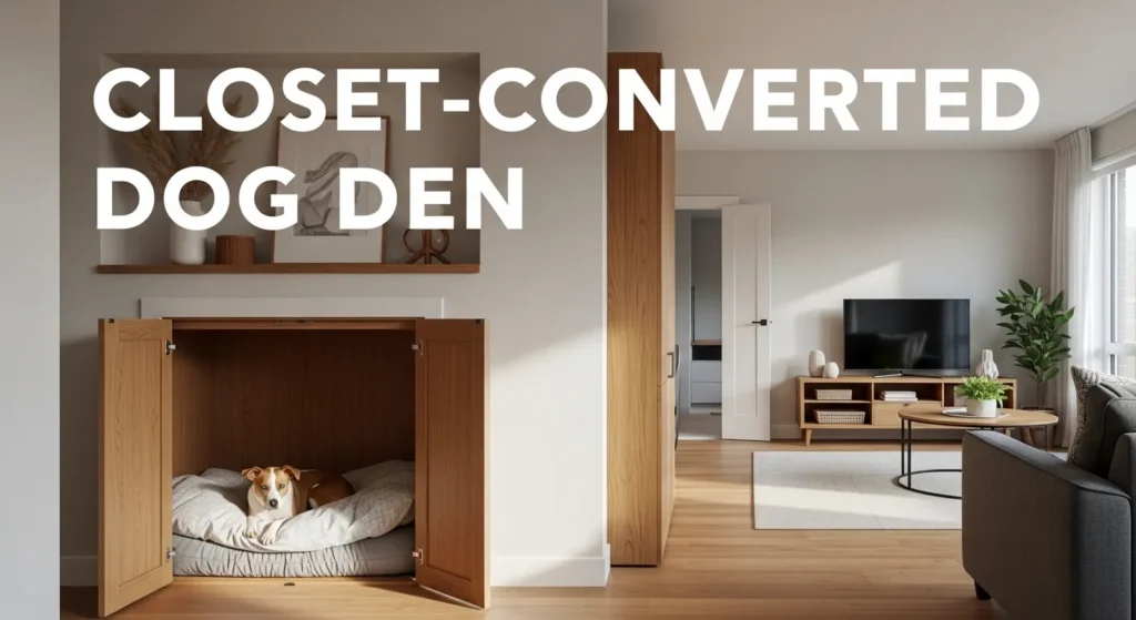 Closet-converted dog den with cozy bedding repurposed from a home closet for a small pet