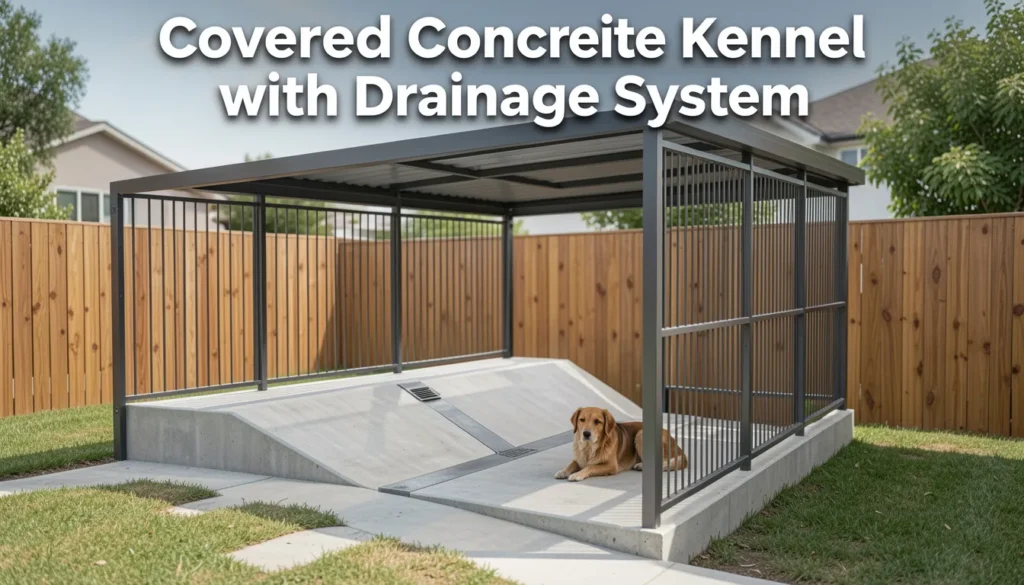 Covered concrete dog kennel with built-in drainage system for clean and low-maintenance outdoor pet shelter