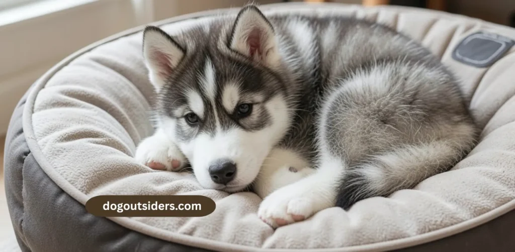 Happy Siberian Husky puppy sitting and looking at owner during training session.