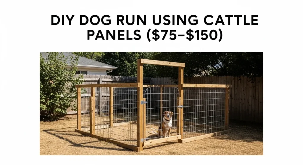 DIY dog run built using cattle panels in a backyard providing secure outdoor space for pets on a budget of $75GÇô$150