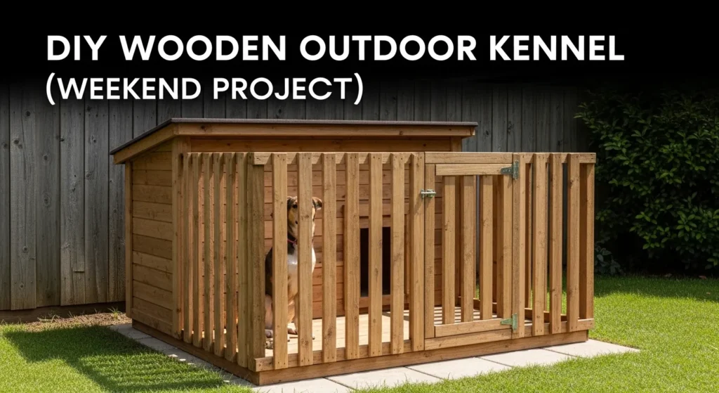 DIY wooden outdoor dog kennel built as a weekend project providing secure outdoor shelter for pets