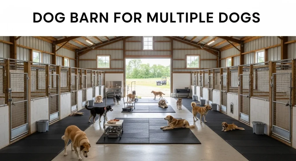 Dog barn designed for multiple dogs with individual kennel runs, central play area, grooming station, and food prep area in a converted pole barn or purpose-built structure.webp