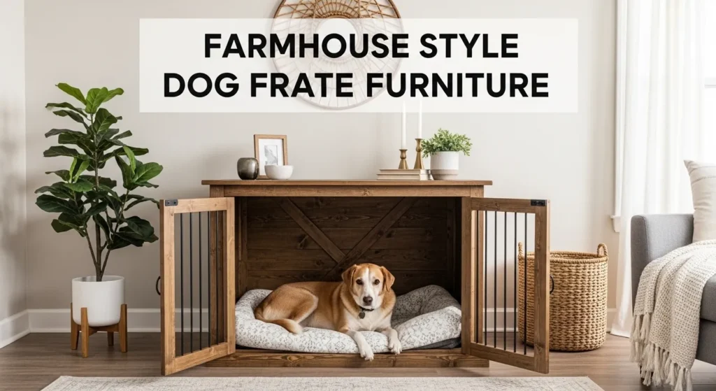 Farmhouse-style dog crate furniture with rustic wood finish providing cozy indoor shelter for pets