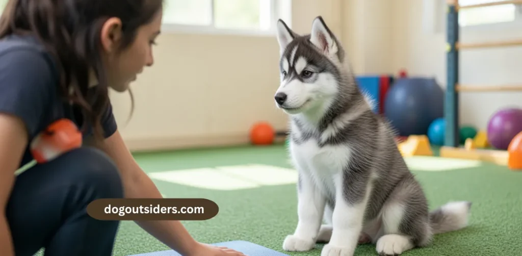 Happy Siberian Husky puppy sitting and looking at owner during training session