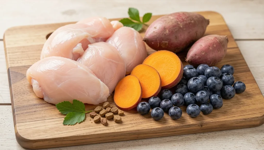 Healthy dog food ingredients including chicken, sweet potato, and blueberries on a wooden cutting board