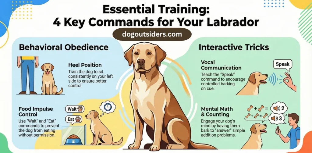 Infographic showing 9 essential Labrador training commands