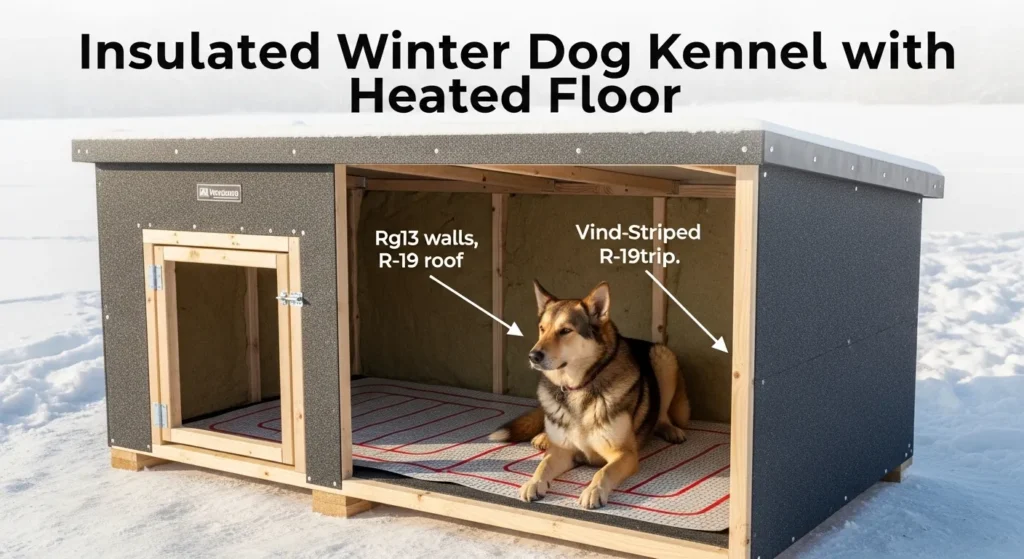 Insulated winter dog kennel with heated floor, rigid foam walls and roof, and wind-blocking entrance providing cozy outdoor shelter for cold-climate dogs