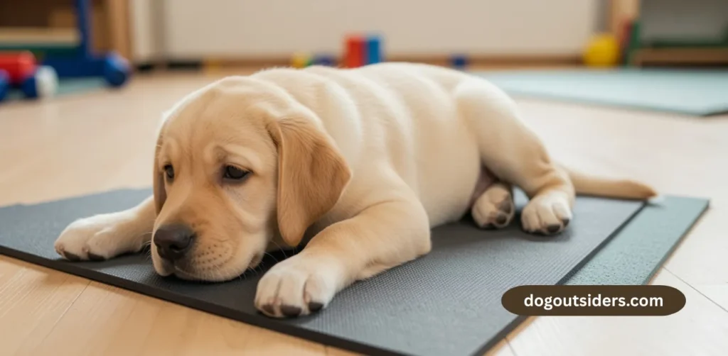 Labrador Retriever puppy lying down on place mat during training session