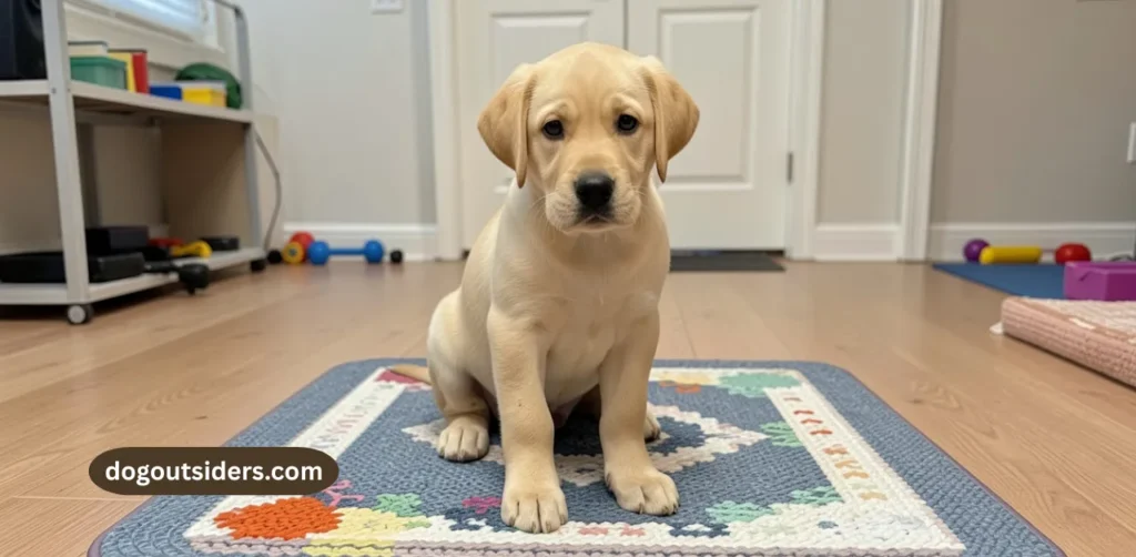 Labrador Retriever puppy on place mat during impulse control training session