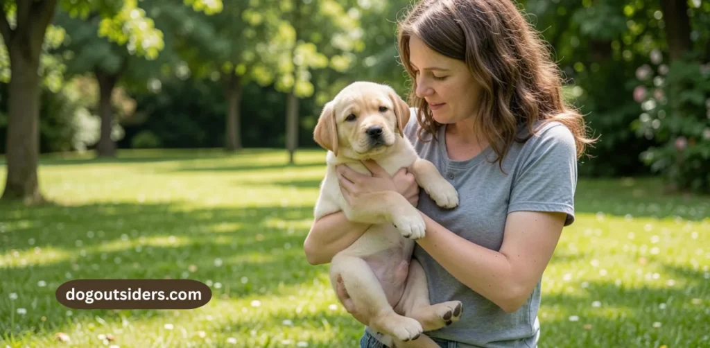 Labrador puppy socialization exposure with woman carrying puppy outdoors