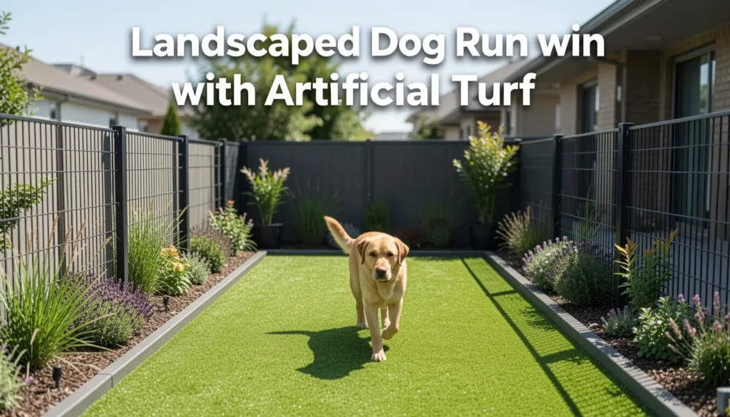 Landscaped dog run with artificial turf installed in a fenced backyard for clean and low-maintenance outdoor pet space