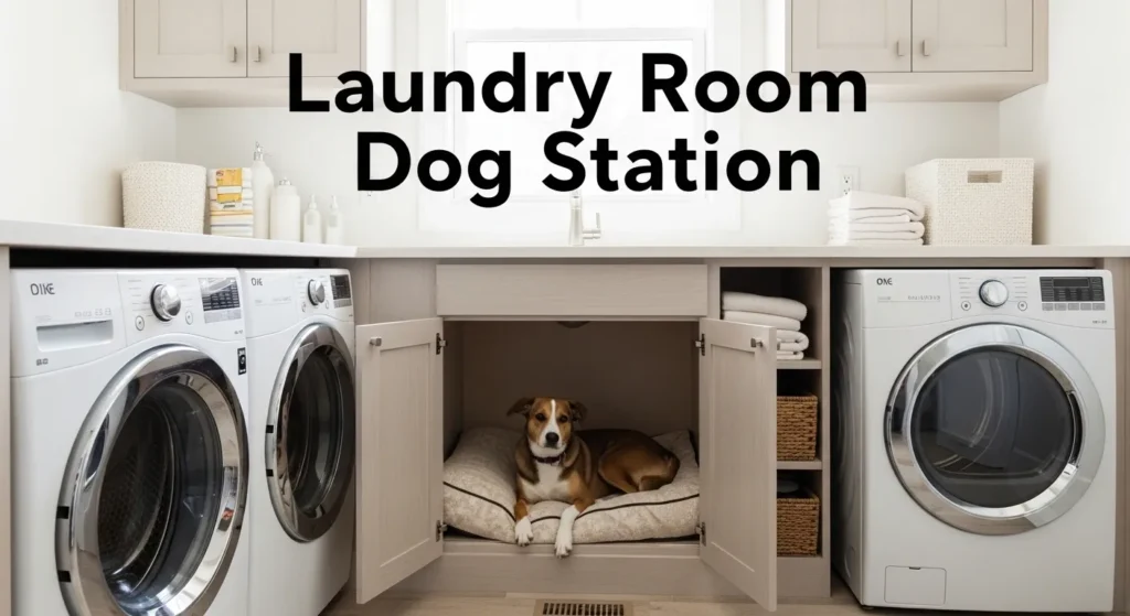 Laundry room dog station integrated into home cabinetry providing a comfortable indoor pet space