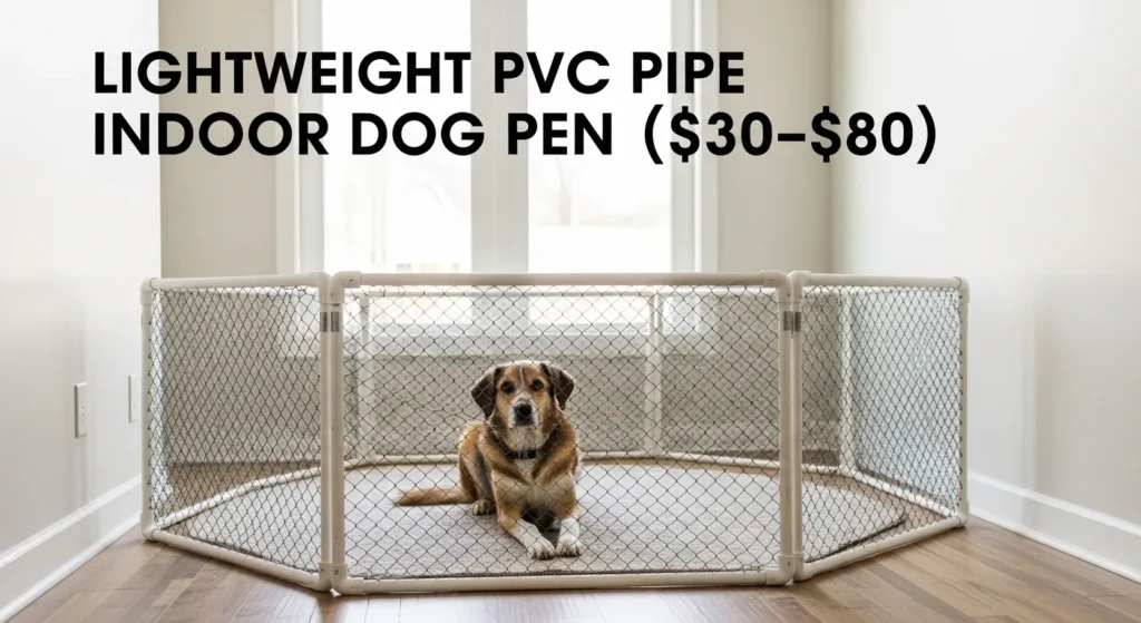 Lightweight, customizable indoor dog pen built from PVC pipes and mesh panels providing affordable indoor containment for pets ($30GÇô$80)