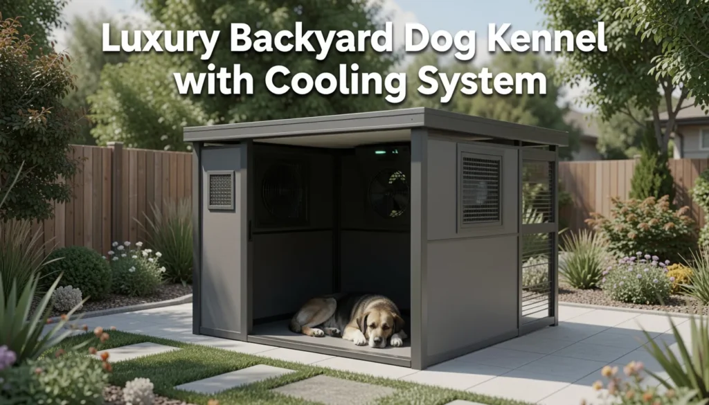 Luxury backyard dog kennel with built-in cooling system providing comfortable outdoor shelter for pets in warm weather