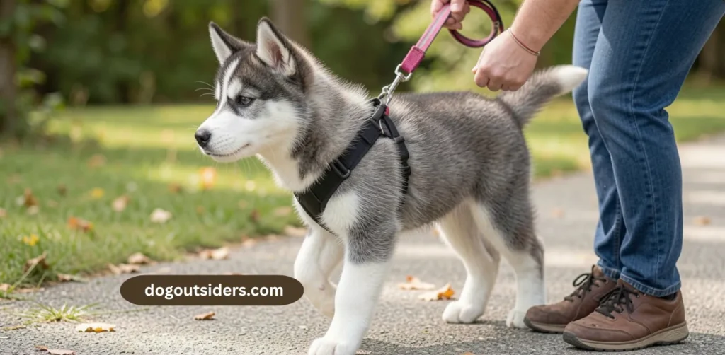 Owner using a front-clip harness on a Husky puppy for loose-leash walking