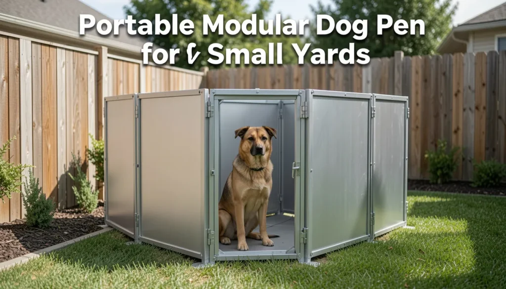 Portable modular dog pen for small yards providing a flexible outdoor enclosure for pets