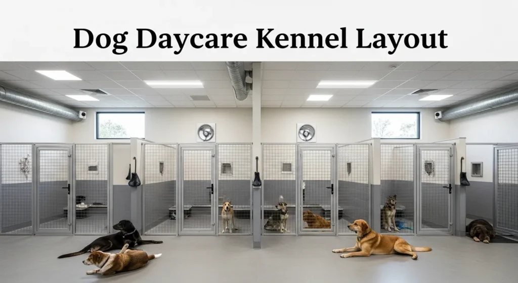 Professional dog daycare kennel layout with separate areas for small and large dogs, individual guillotine-door runs, non-porous flooring with drains, ventilation system, and observation areas