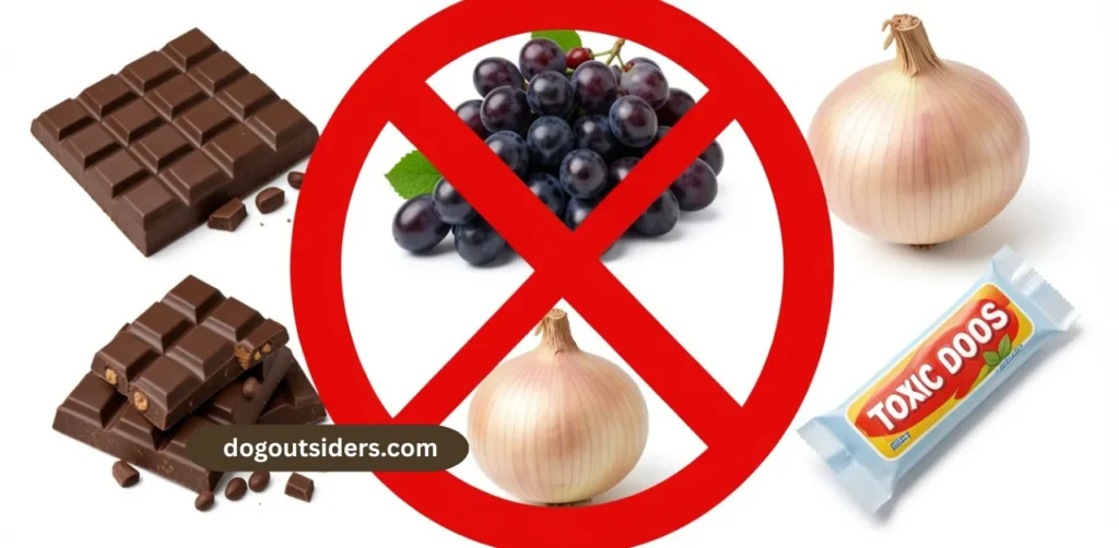 Red No symbol over images of chocolate, grapes, onions, and gum to show toxic foods for dogs
