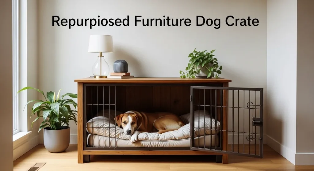 Repurposed furniture dog crate providing a stylish and comfortable indoor shelter for pets