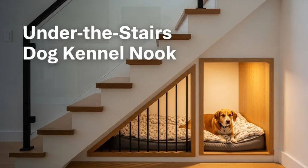 Under-the-stairs dog kennel nook built into a staircase space creating a cozy indoor shelter for pets