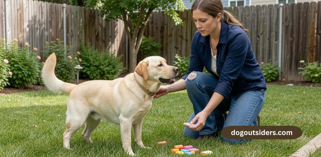 Woman training yellow Labrador recall command in backyard with treats