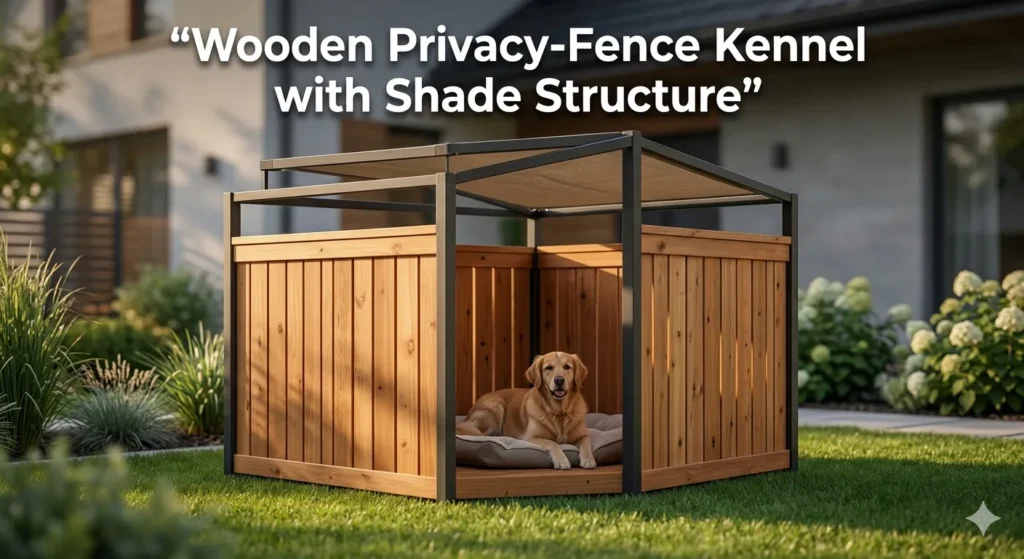 Wooden privacy-fence dog kennel with shade structure installed in a backyard for secure outdoor shelter