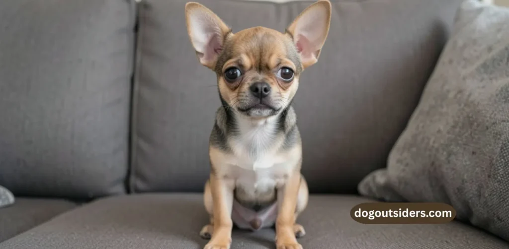 chihuahua puppy sitting on couch looking nervous