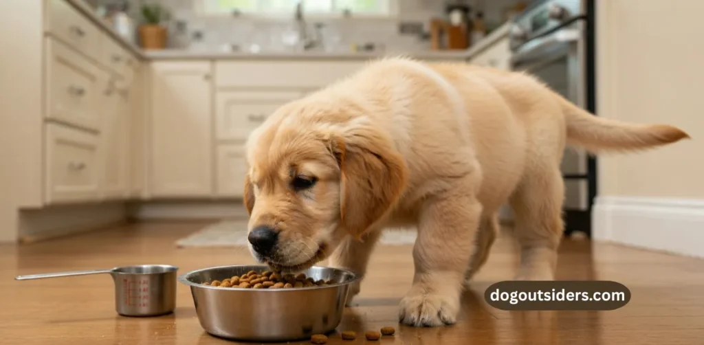 golden retriever puppy eating measured kibble from bowl on kitchen floor