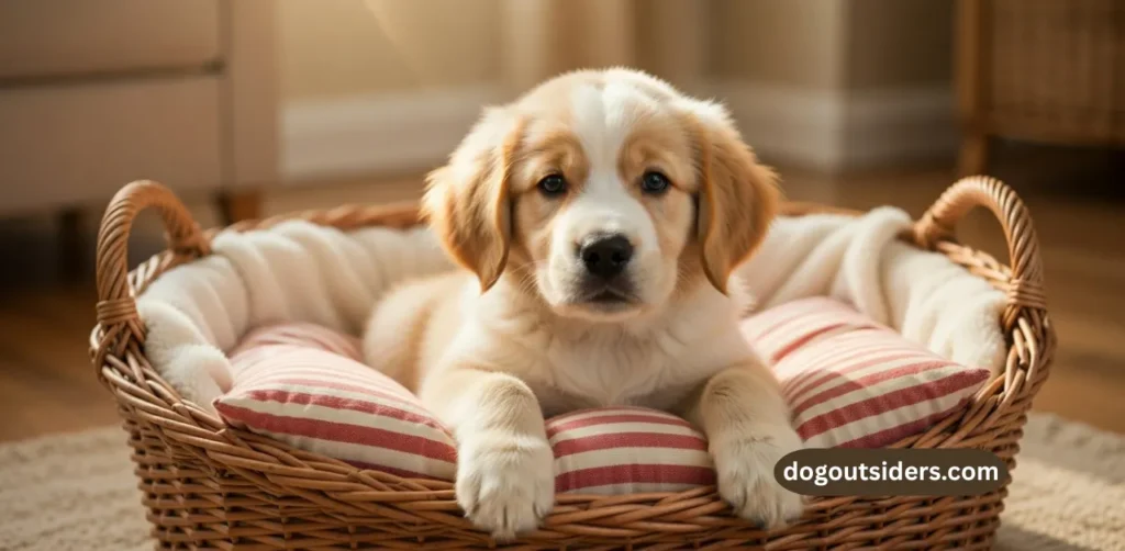 golden retriever puppy sleeping in crate with soft bedding on daily schedule