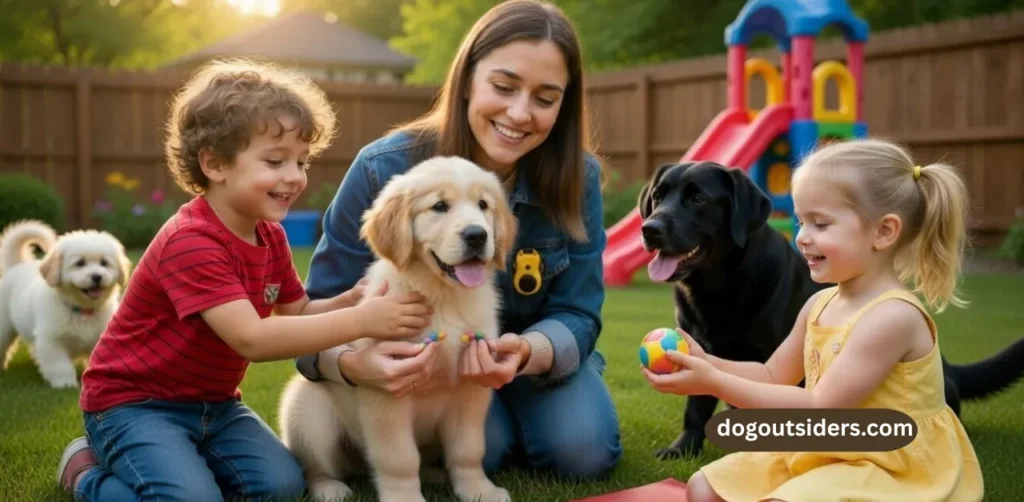 golden retriever puppy socializing with children and other dogs in backyard