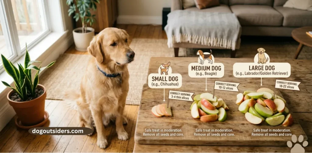 Apple slices portioned for small medium and large dogs showing correct serving size differences