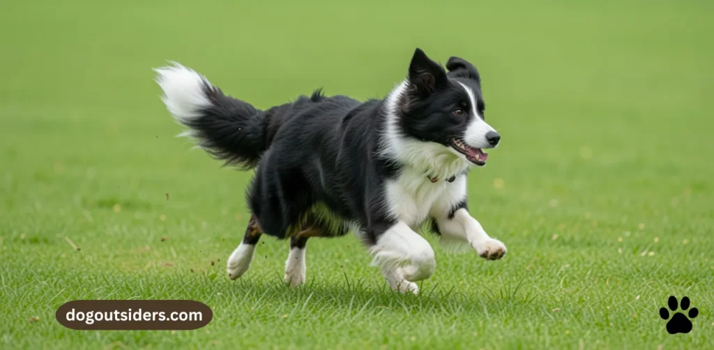 Athletic border collie running at full speed through open green field