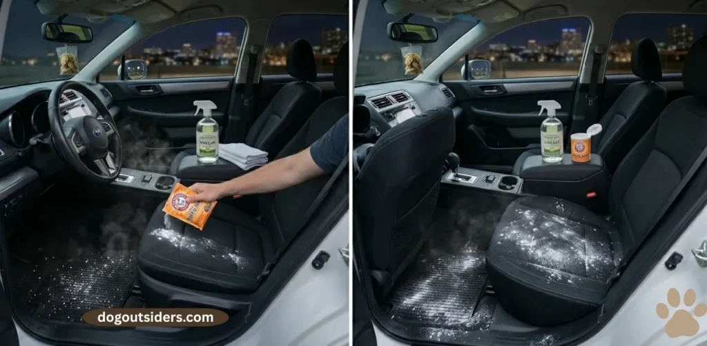 Baking soda absorbing wet dog smell from car mats