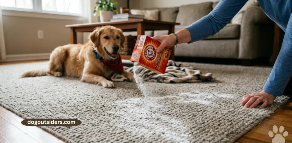 Baking soda being sprinkled on carpet to remove wet dog smell naturally