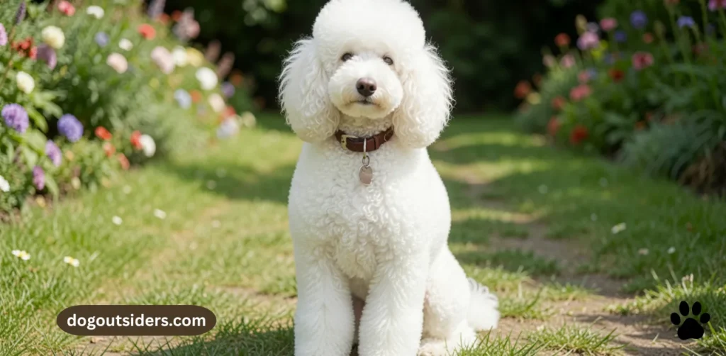 Beautifully groomed standard poodle with fluffy white curly coat sitting outdoors