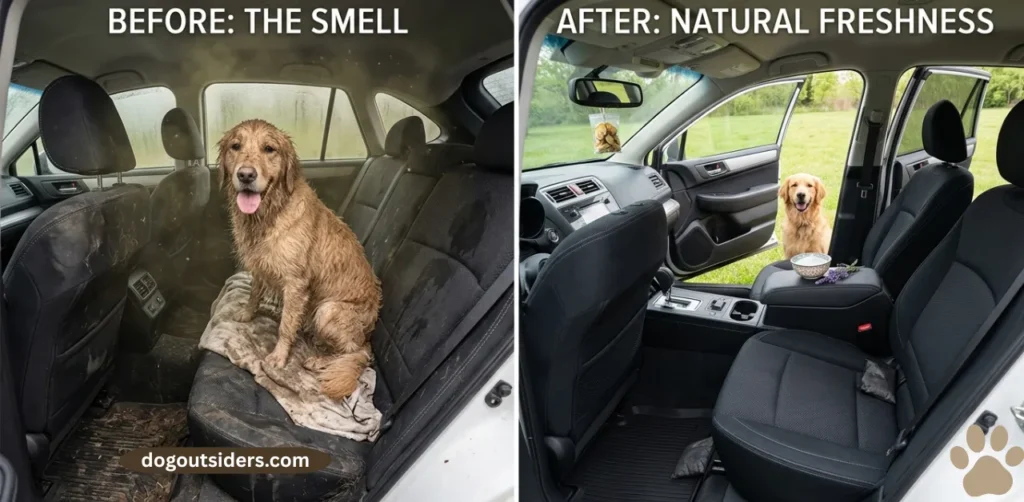 Before and after getting rid of wet dog smell in car with natural methods 