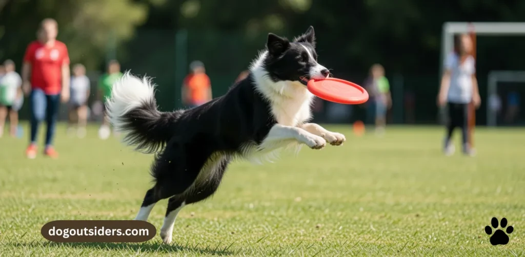 Border collie leaping to catch frisbee during high intensity exercise session