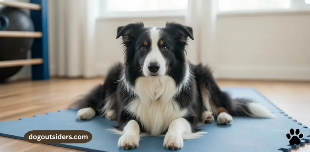 Calm border collie settled on training mat after structured relaxation practice