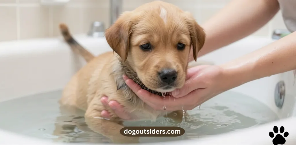 Calm puppy learning to trust water during first bath experience with owner