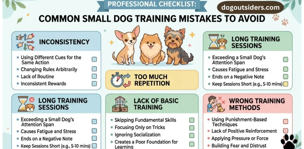 Checklist infographic of common small dog training mistakes to avoid