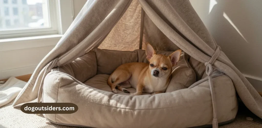 Chihuahua relaxing in covered den bed safe space in apartment