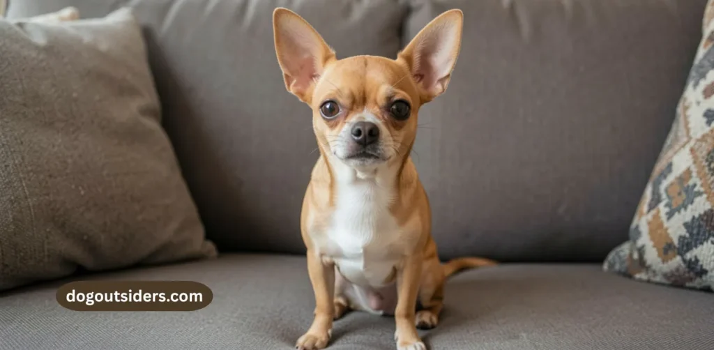 Chihuahua with big attitude sitting on couch looking directly at camera