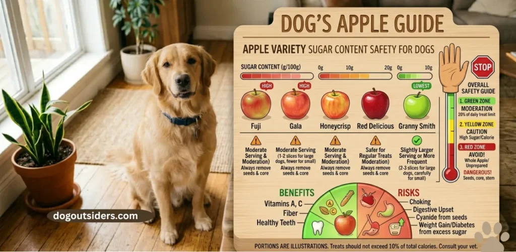 Comparison chart of different apple varieties and their sugar content safety for dogs